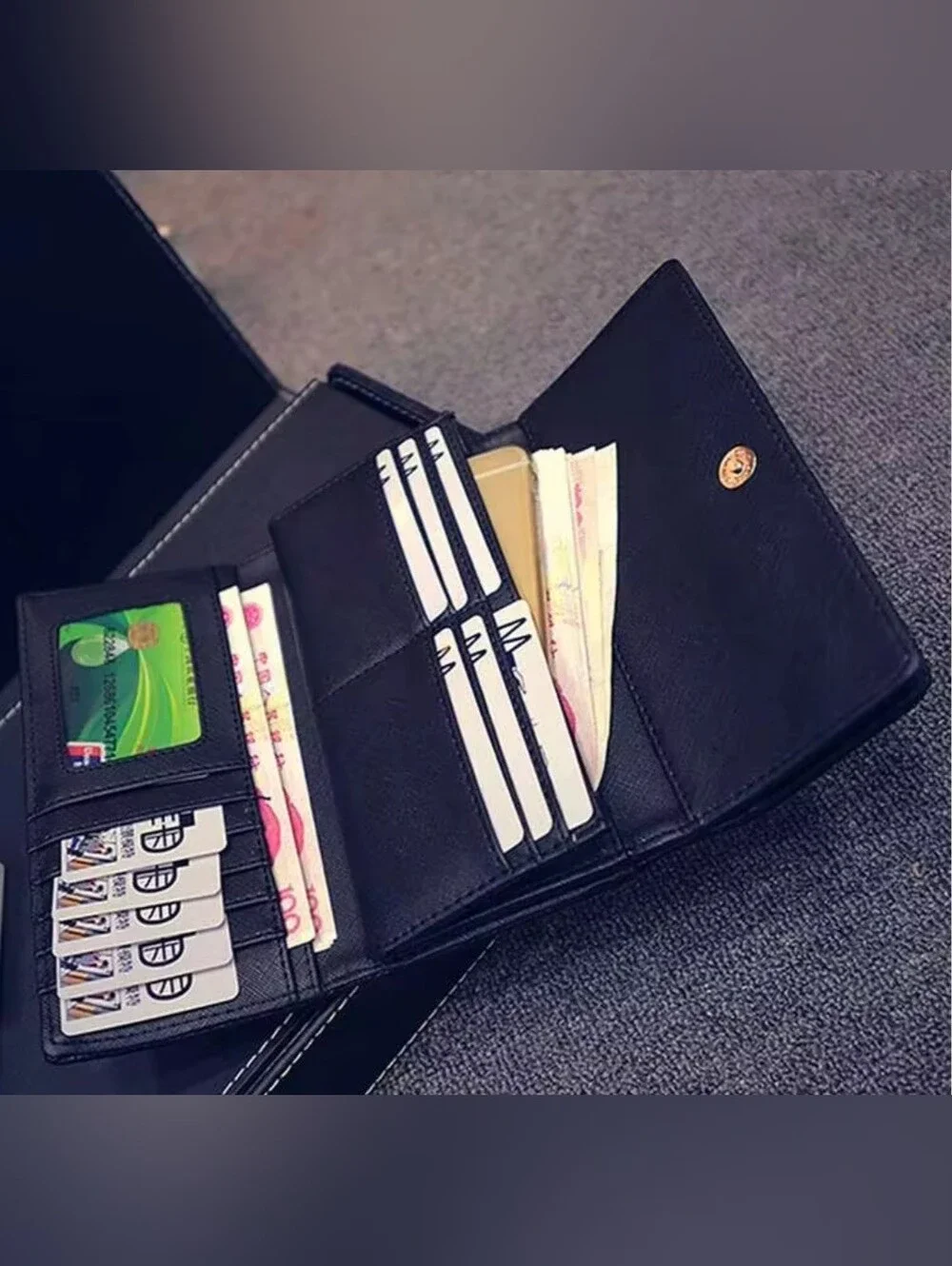 Fashionable Gold Tone Rivet Decorated Trifold Black Long Wallet Daily Use